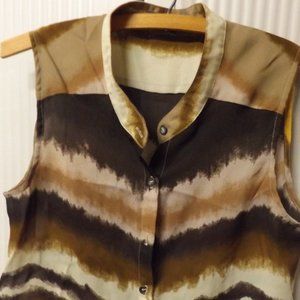 LADIES, SMALL, BROWN TONE, BUTTON DOWN CASUAL SHIRT WITH FRONT TIE, SLEEVELESS,